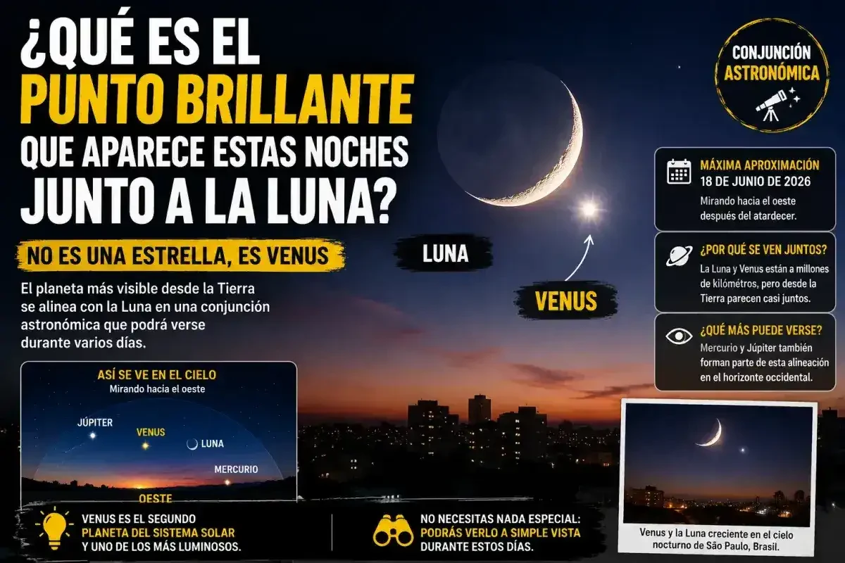 Venus brillando junto a la Luna creciente en el cielo nocturno durante una conjunción astronómica.