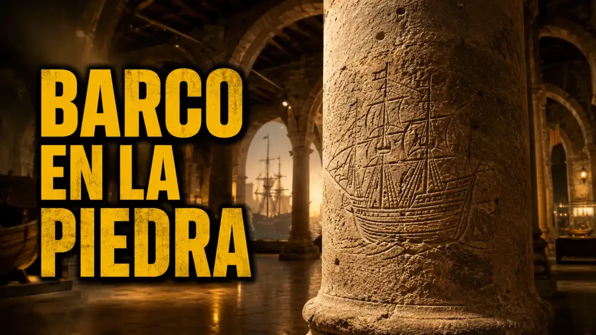 Grafiti histórico del siglo XVII representando barco tallado en columna del Museu Marítim de Barcelona