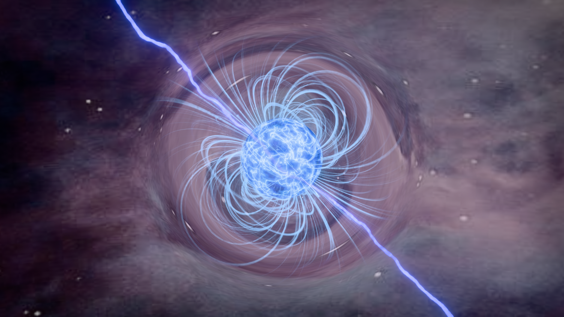 alien planet swirling magnetic field aurora close to star dramatic cosmic landscape purple blue energy