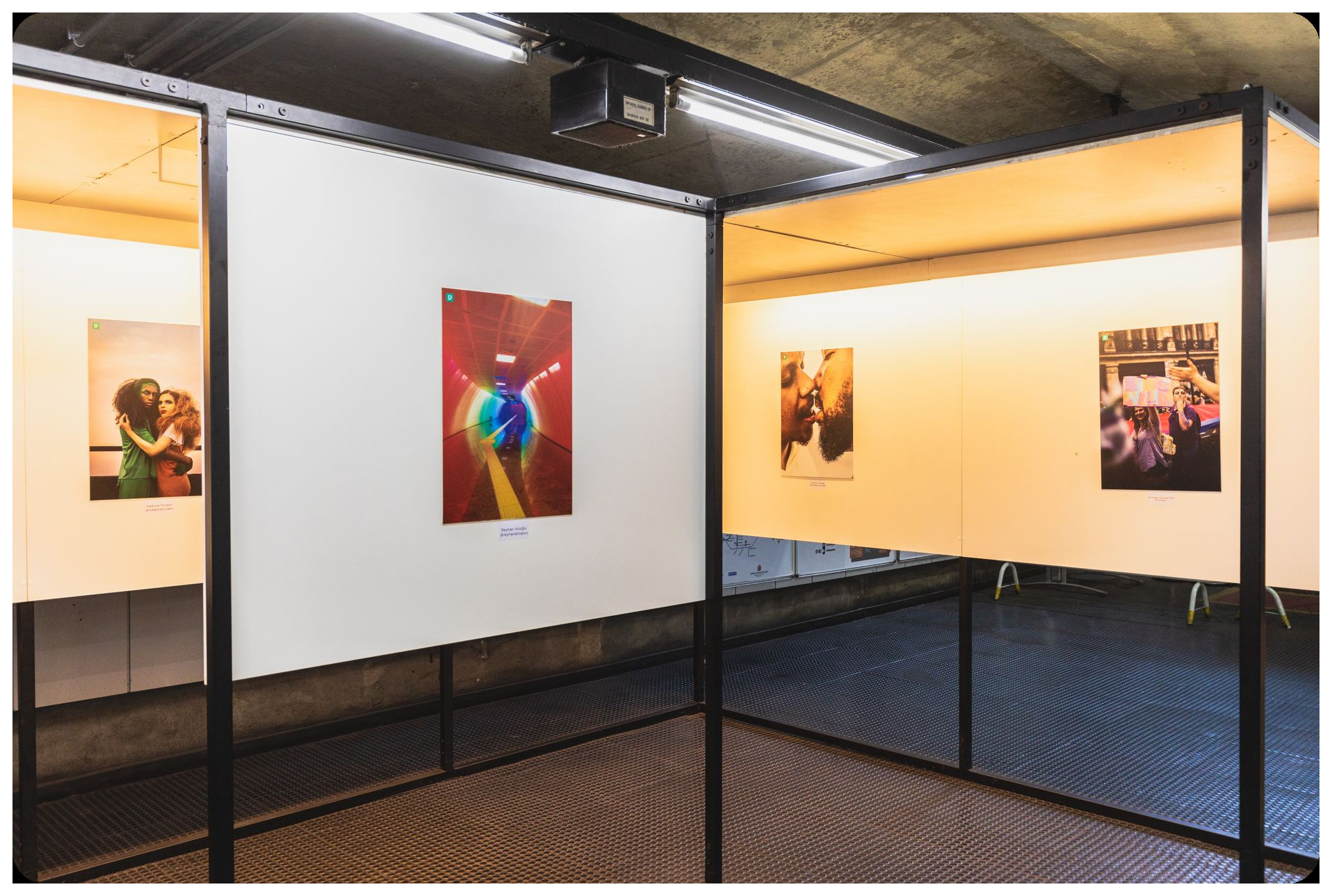 vivid photography exhibition gallery interior with professional lighting large format prints displayed on white walls dramatic modern art space