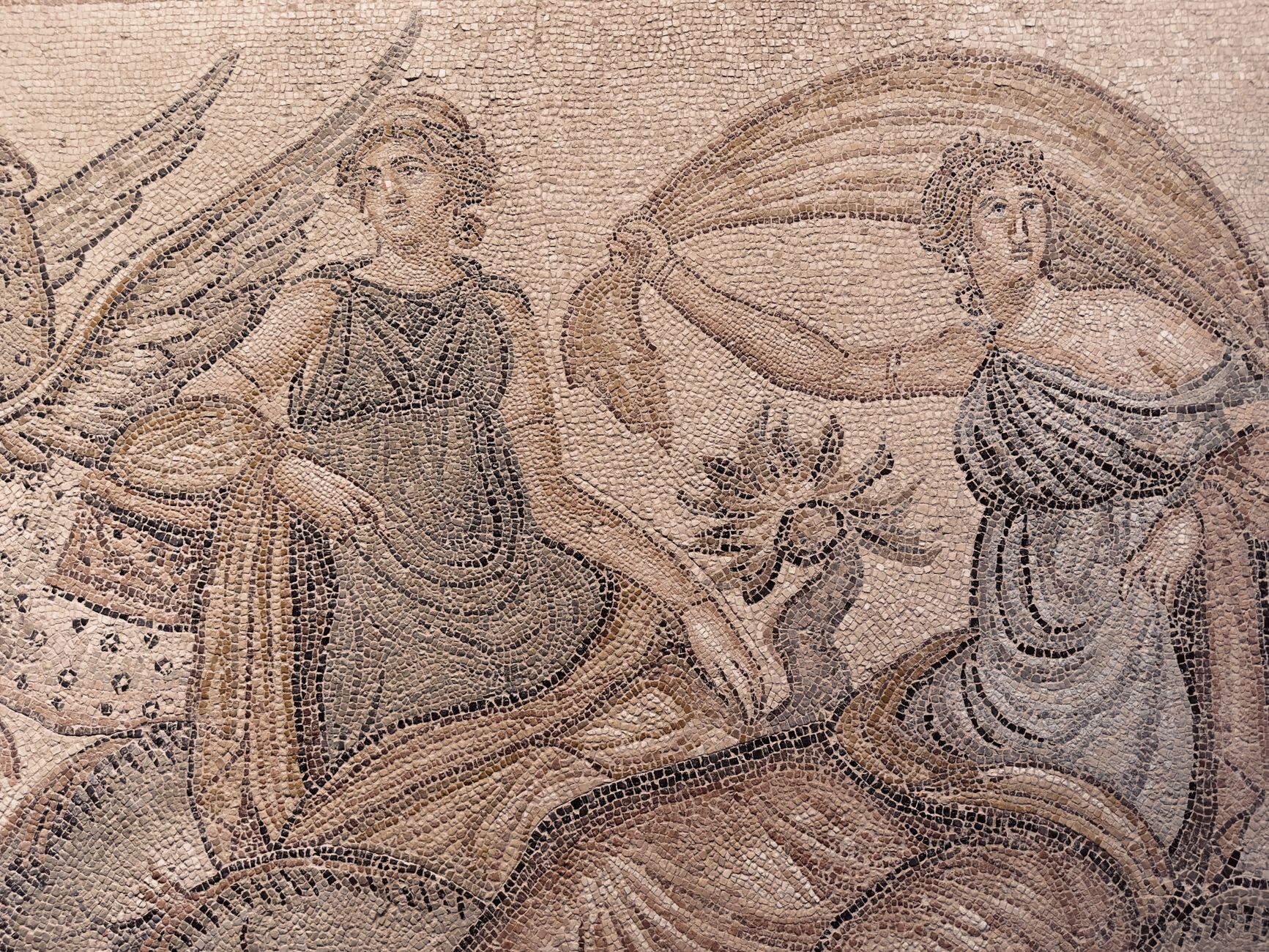 ancient roman villa noheda mosaic lit by candlelight, mythological scenes, golden firelight on intricate tiles