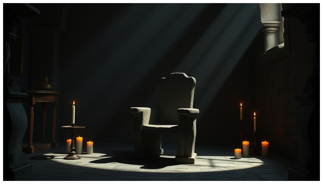 old stone chair in gothic chamber with shadows candles mysterious atmosphere dark literature