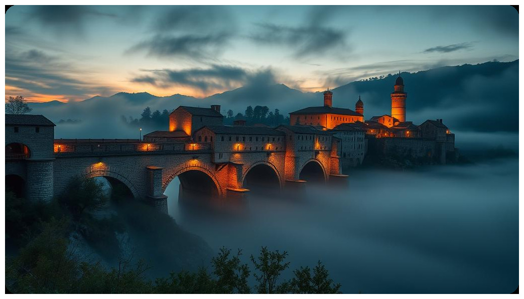 medieval bridge at twilight with fog and ancient architecture Spanish castilian landscape