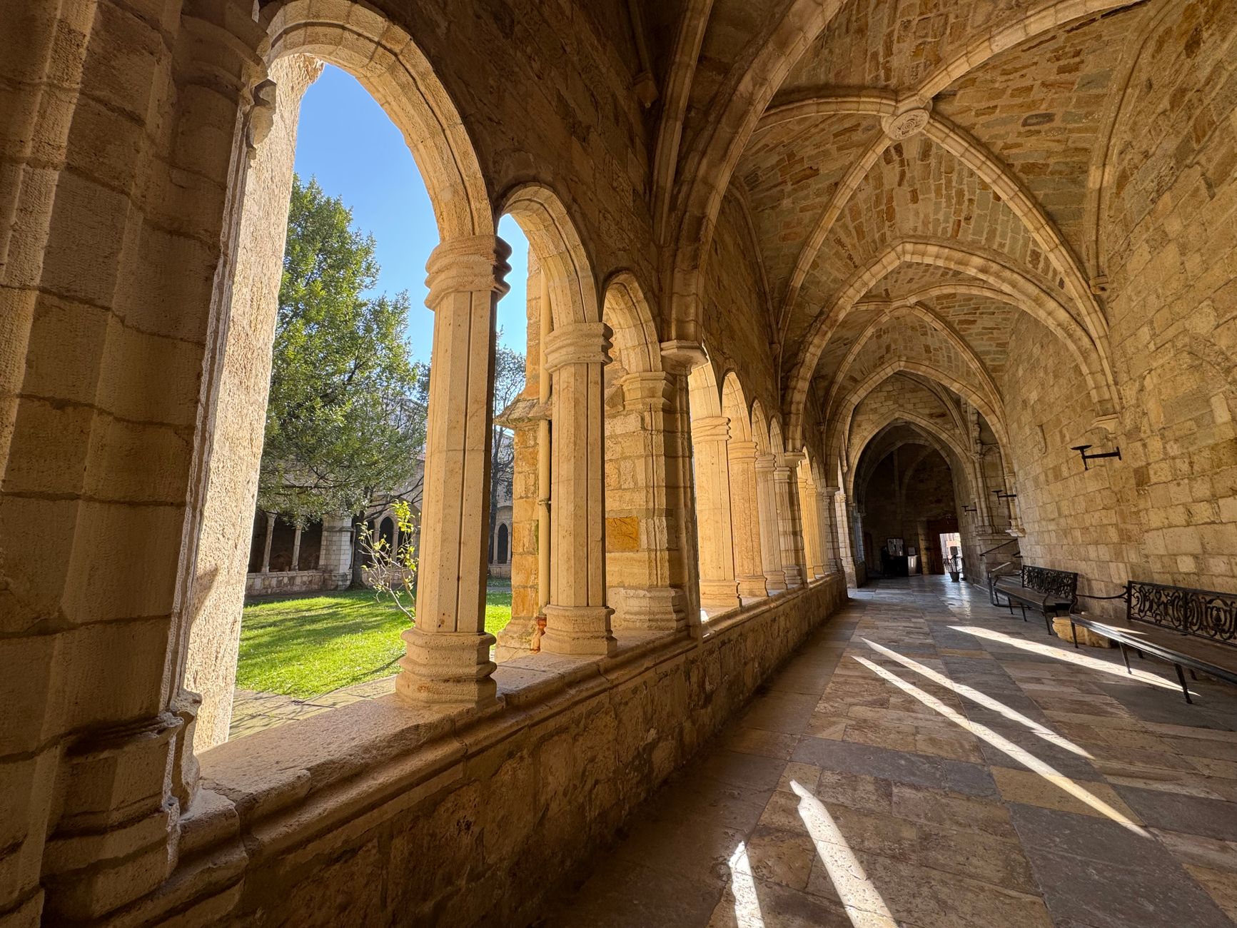 medieval carved wolf wearing bishop robes celebrating mass wooden ceiling cloister stone architecture medieval spain