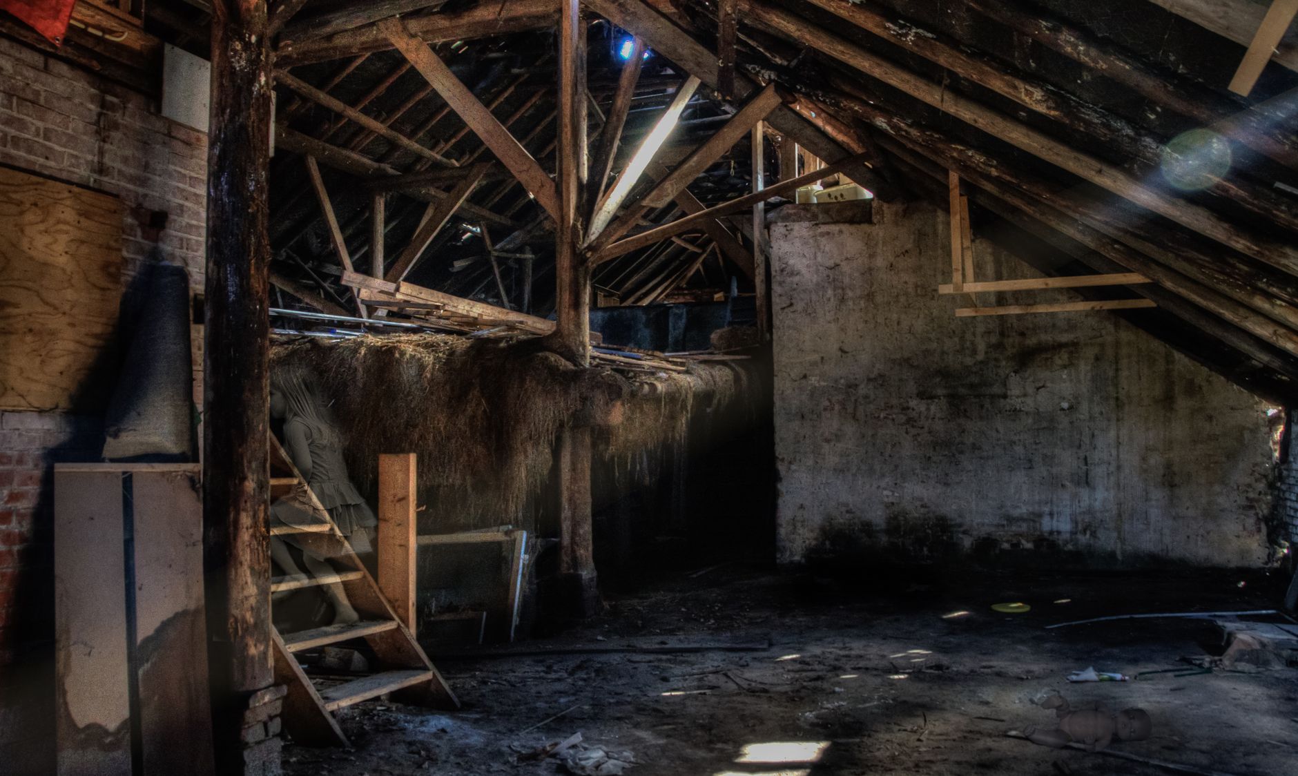 old attic with wooden beams and shadows, mysterious bags in corner, dusty vintage atmosphere, dramatic lighting through small window