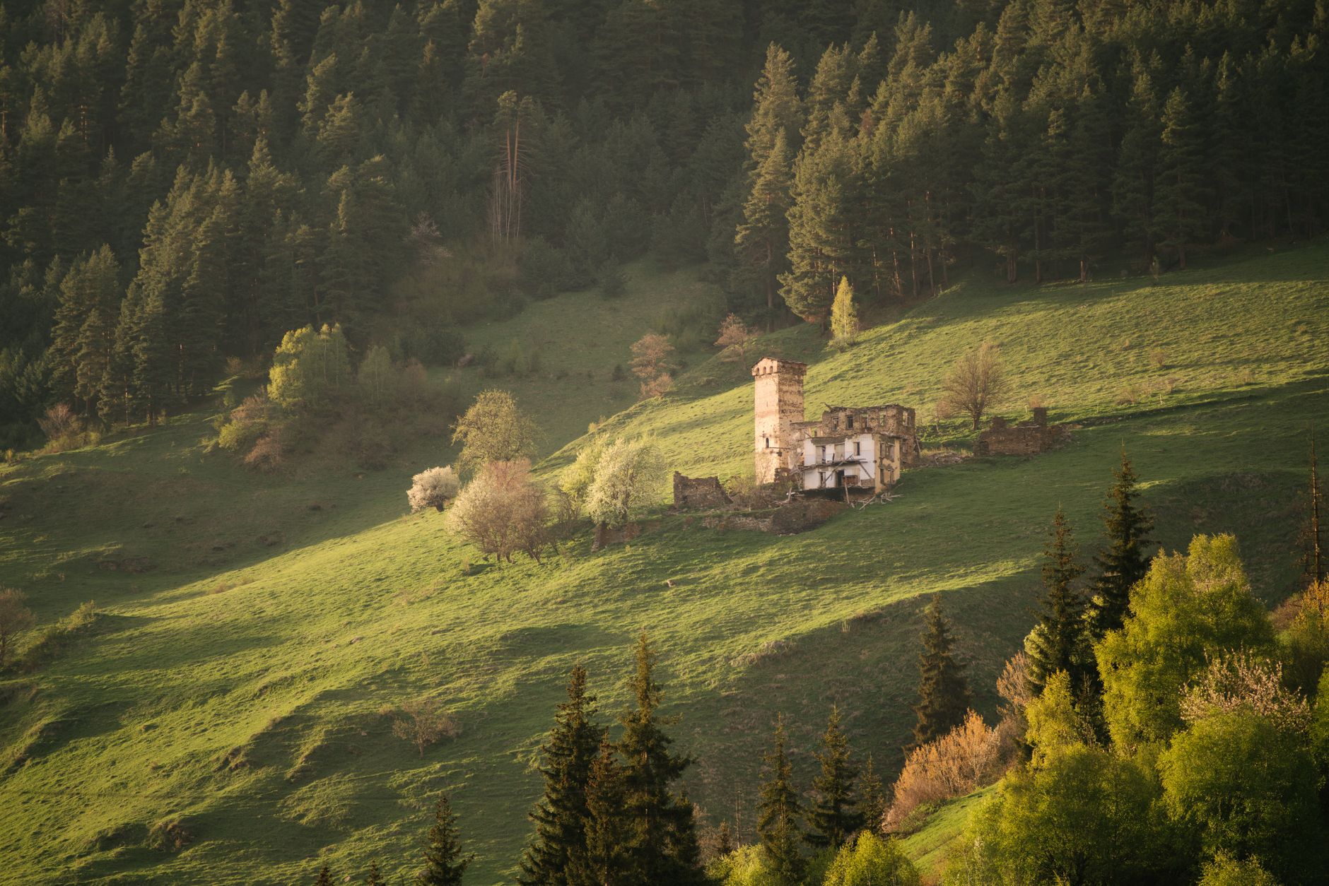 ruined medieval stone castle tower on a hilltop above a river valley golden hour dramatic light