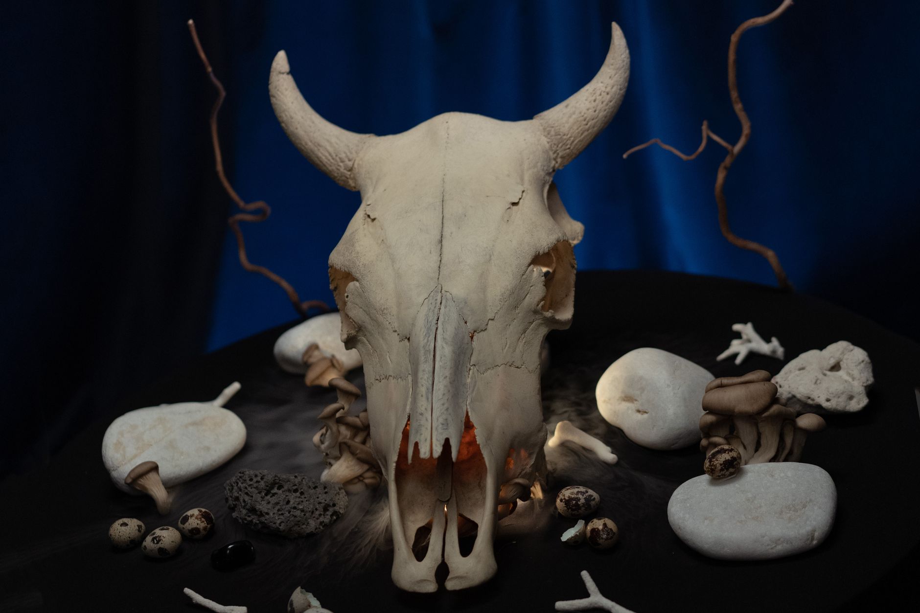 close-up flint stone tools and animal bones on paleolithic cave floor warm lamplight