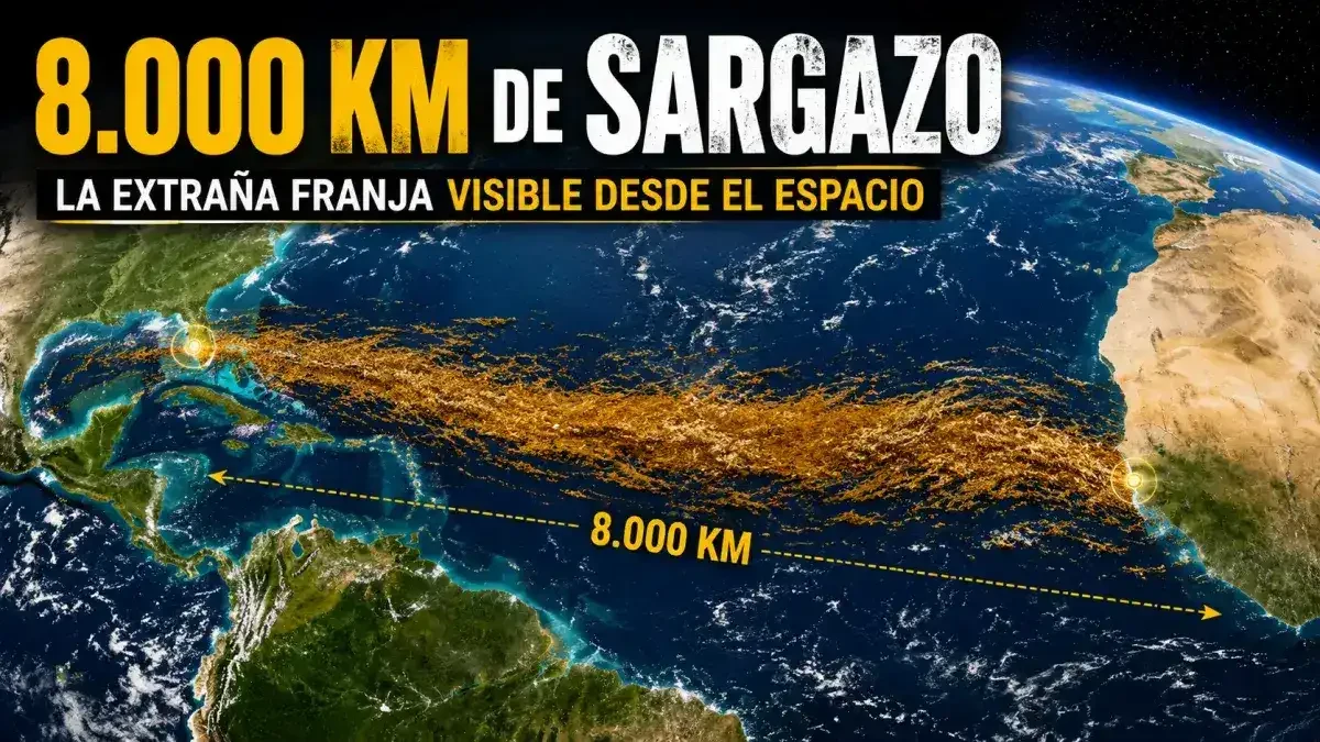 Imagen satelital recreada de una enorme franja de sargazo de más de 8.000 kilómetros cruzando el océano Atlántico.