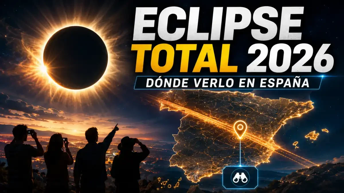 Eclipse solar total con corona solar visible y cielo oscurecido sobre España